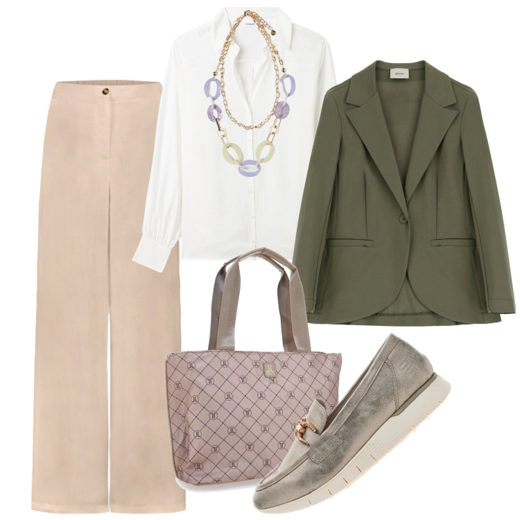Outfit donna - Cipria, muschio e melanzana, ufficio. Stile Bon Ton per Ufficio. Abbinamento con camicie, blazer, mocassini, pantaloni, borse a spalla, ciondoli.