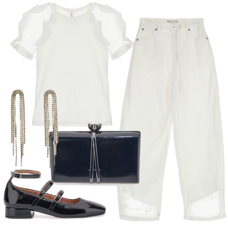 Outfit donna - Settembre. Stile Chic per Serata fuori. Abbinamento con orecchini, pantaloni, t-shirt, ballerine, pochette.