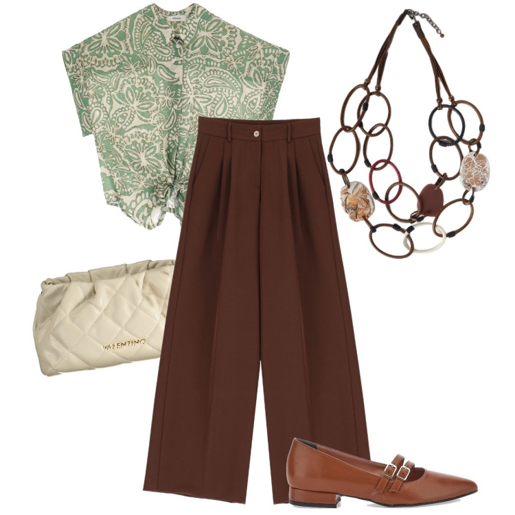 Outfit donna - New boho chic. Stile Boho per Ufficio. Abbinamento con pantaloni a palazzo, camicie a manica corta, ballerine, collane, borse a spalla.
