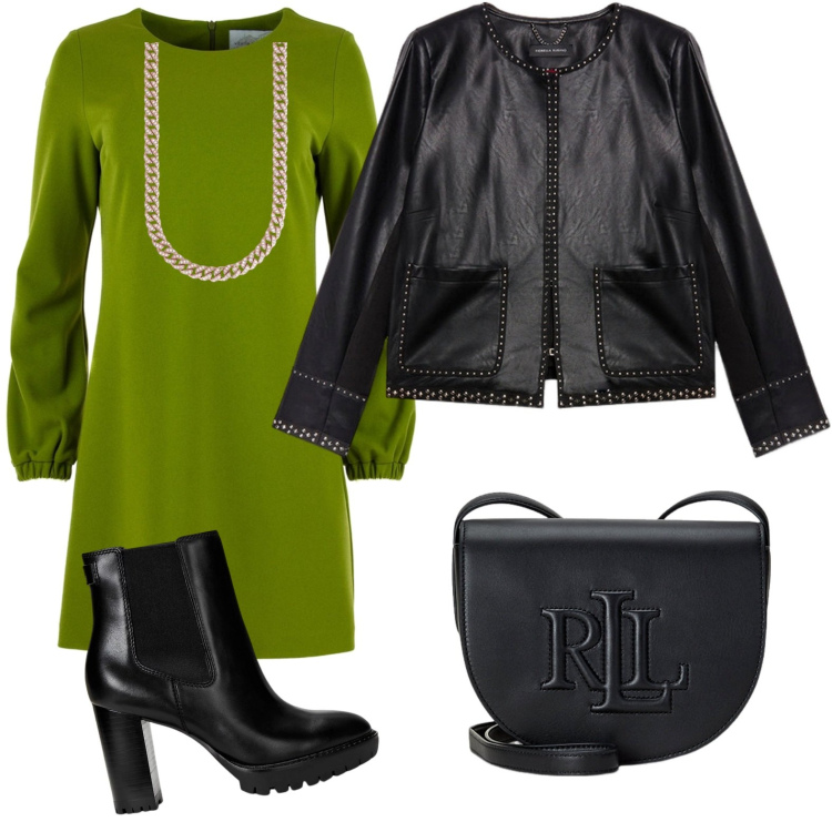 Outfit donna - Indossare il verde 24H. Stile Casual chic per Ufficio. Abbinamento con collane, borse a tracolla, stivaletti chelsea, vestiti midi/longuette, blazer.