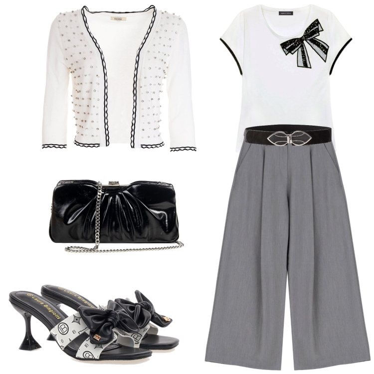 Outfit donna - Bon ton coi Fiocchi. Stile Bon Ton per Ufficio. Abbinamento con cinture, pochette, cardigans, pantaloni a palazzo, t-shirt, ciabatte.