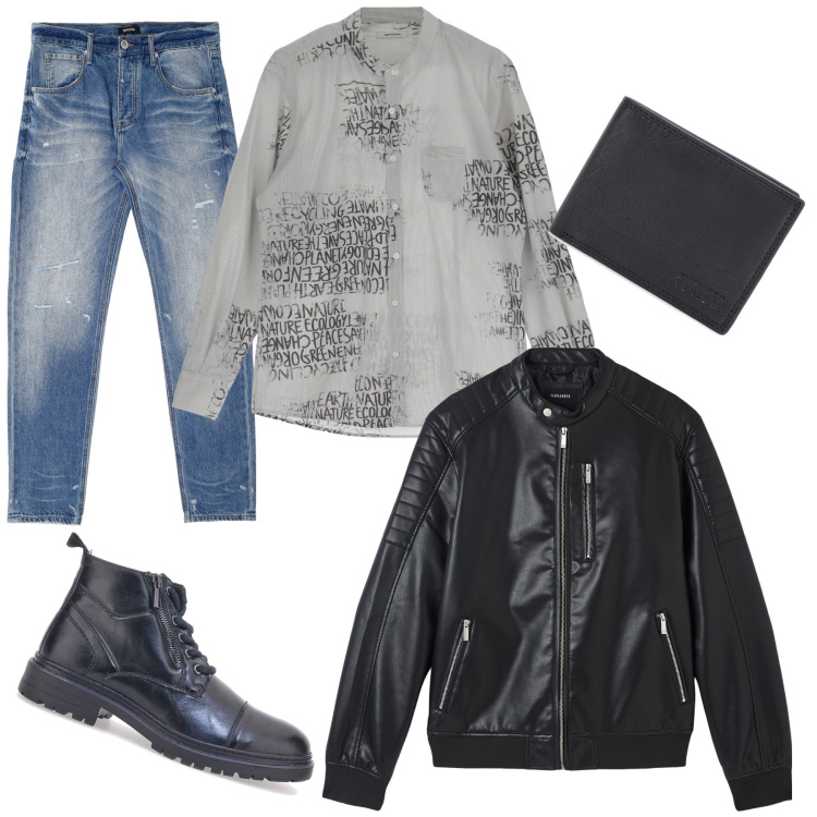 Outfit uomo - Pranzo tra amici. Stile Casual per Tutti i giorni. Abbinamento con giacche, jeans dritti, camicie, anfibi, portafogli.