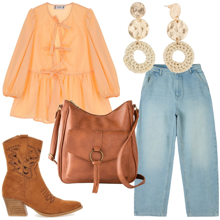 Outfit donna - Boho chic dal fascino poetico. Stile Boho per Tutti i giorni. Abbinamento con borse a tracolla, orecchini, jeans, camicie, stivaletti texani.