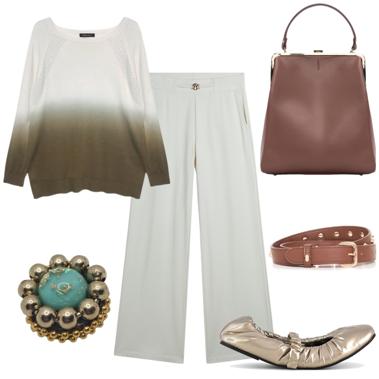 Outfit donna - Rientro soft in ufficio. Stile Casual chic per Ufficio. Abbinamento con cinture, pantaloni, ballerine, maglieria, anelli, borse a spalla.