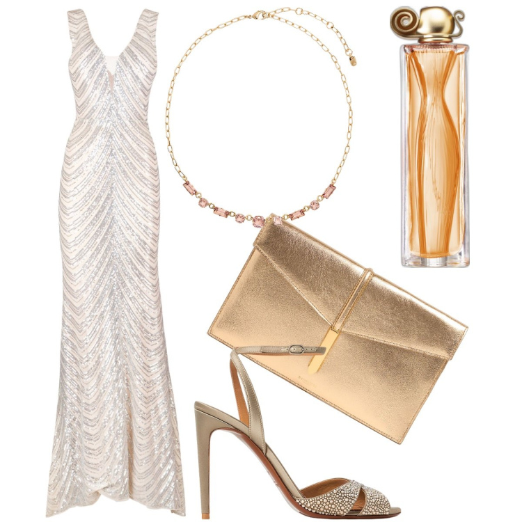 Outfit donna - Abito e profumo sinuosi. Stile Glamour per Cerimonia. Abbinamento con profumi, vestiti lunghi, collane, sandali col tacco, clutch.