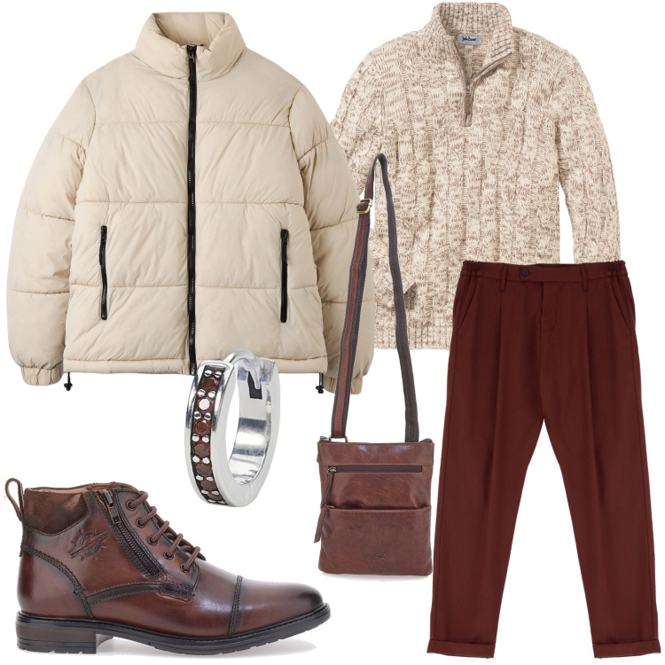 Outfit uomo - Il piumino beige di tendenza. Stile Urban per Ufficio. Abbinamento con maglieria, piumini, orecchini, pantaloni, scarpe stringate, portafogli.