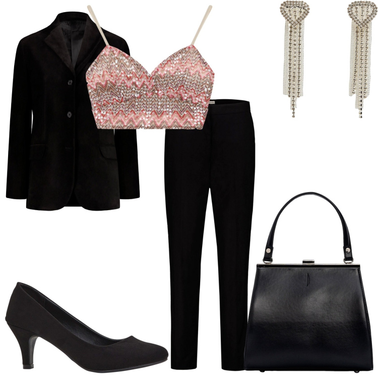 Outfit donna - La grande serata. Stile Glamour per Serata fuori. Abbinamento con décolleté, orecchini, top, pantaloni, blazer, clutch.