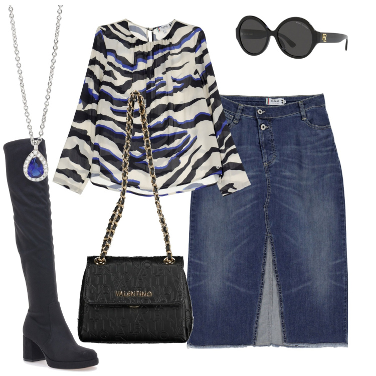 Outfit donna - La gonna jeans a vita alta. Stile Trendy per Tutti i giorni. Abbinamento con collane, gonne, camicie, occhiali da sole, stivali, borse a spalla.