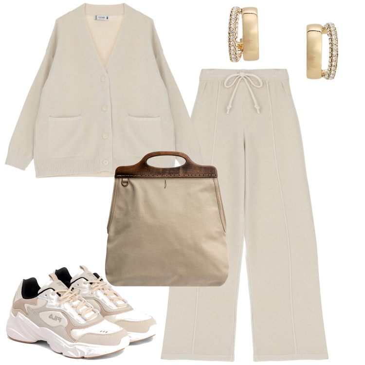 Outfit donna - Comfy and style. Stile Urban per Tutti i giorni. Abbinamento con pantaloni, cardigans, orecchini, sneakers, borse a tracolla.