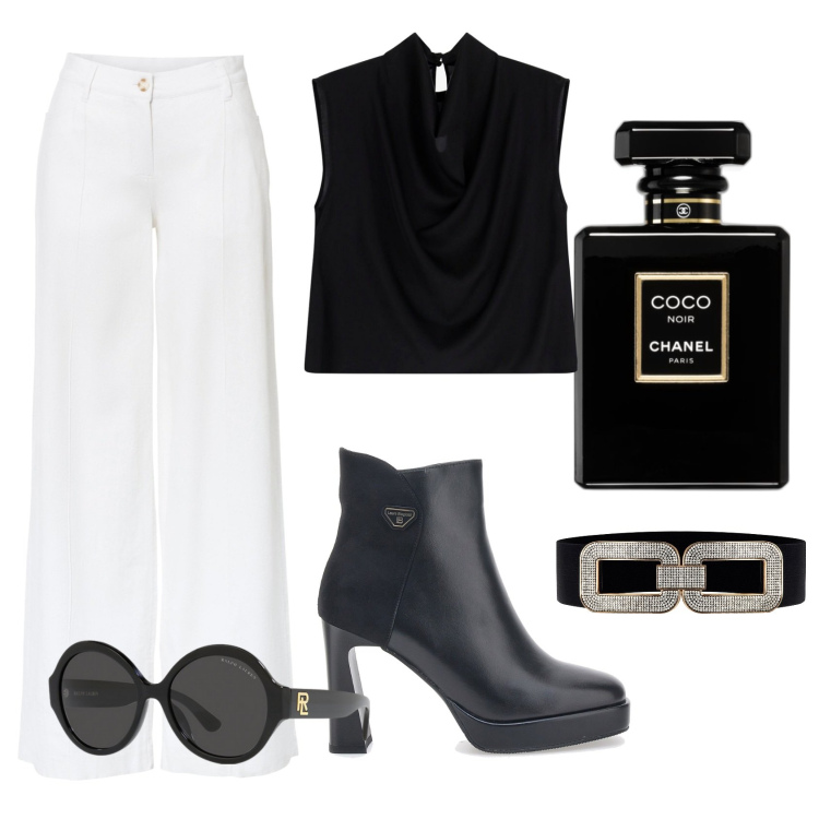 Outfit donna - Cerimonia. Stile Casual chic per Cerimonia. Abbinamento con pantaloni a palazzo, profumi, cinture, top, occhiali da sole, stivaletti.