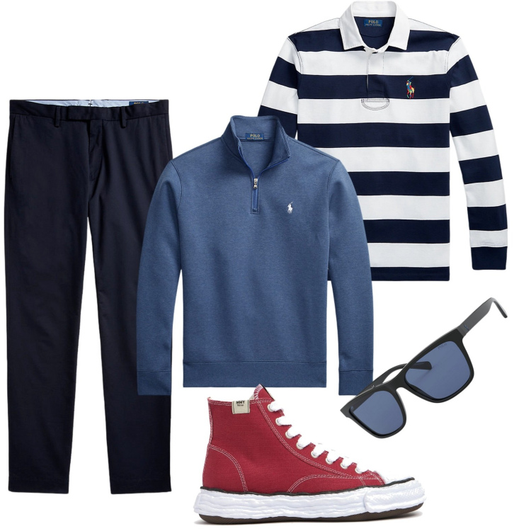 Outfit uomo - Il pullover blu in maglia. Stile Trendy per Tutti i giorni. Abbinamento con pullovers, pantaloni chino, occhiali da sole, maglieria, sneakers.