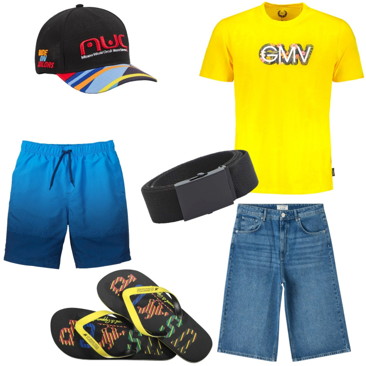 Outfit uomo - Mare, mare, ancora mare. Stile Casual per Mare. Abbinamento con costumi, pantaloni corti, cappelli, cinture, sandali, t-shirt.