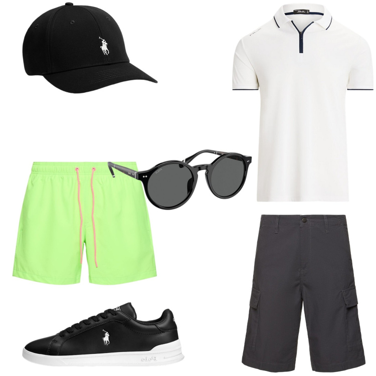 Outfit uomo - Mare, mare, ancora mare. Stile Casual per Mare. Abbinamento con cappelli, sneakers, occhiali da sole, polo, costumi, shorts.