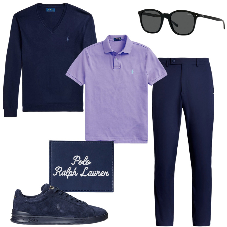 Outfit uomo - Sportivo stile Ralph Lauren. Stile Casual per Tutti i giorni. Abbinamento con polo, occhiali da sole, sneakers, pantaloni, portafogli, maglieria.