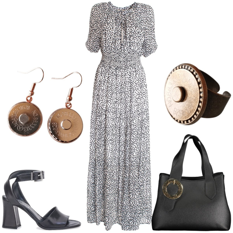 Outfit donna - Total look #1954114. Stile Casual chic per Tutti i giorni. Abbinamento con vestiti lunghi, sandali in pelle, borse a spalla, anelli, orecchini.