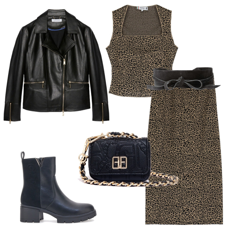 Outfit donna - Look Grintoso. Stile Rock per Serata fuori. Abbinamento con cinture, marsupi, gonne longuette, top, stivaletti chelsea, blazer.