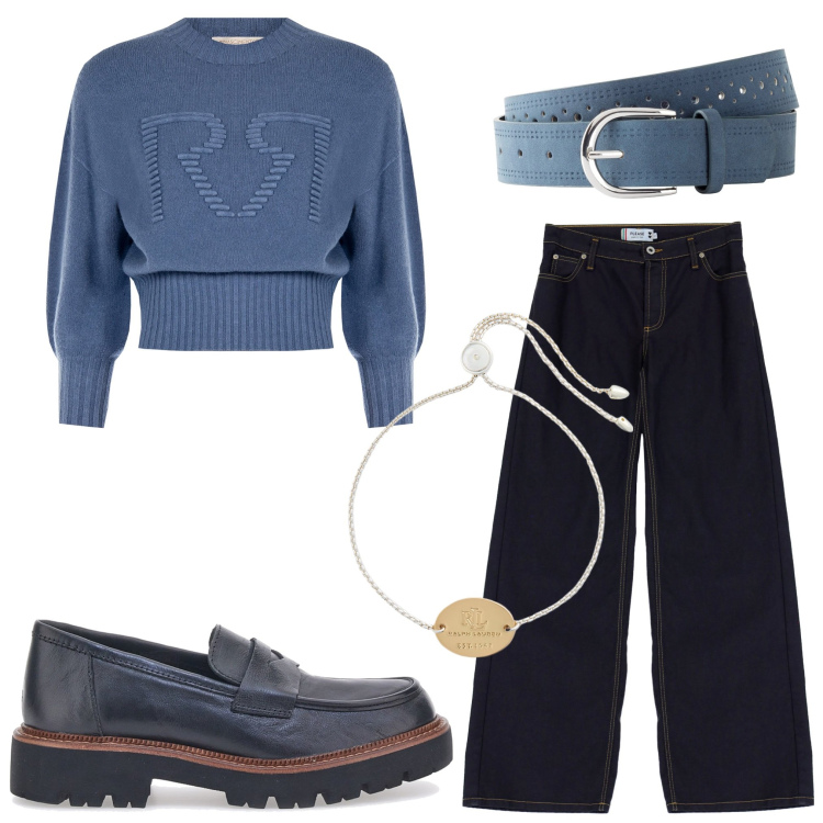 Outfit donna - Look minimal. Stile Minimal per Tutti i giorni. Abbinamento con cinture, jeans, maglieria, braccialetti con ciondoli, mocassini.