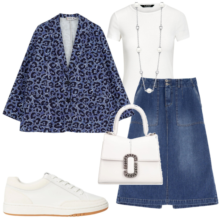 Outfit donna - New collection. Stile Casual chic per Ufficio. Abbinamento con collane, gonne, blazer, t-shirt, sneakers, borse a mano.