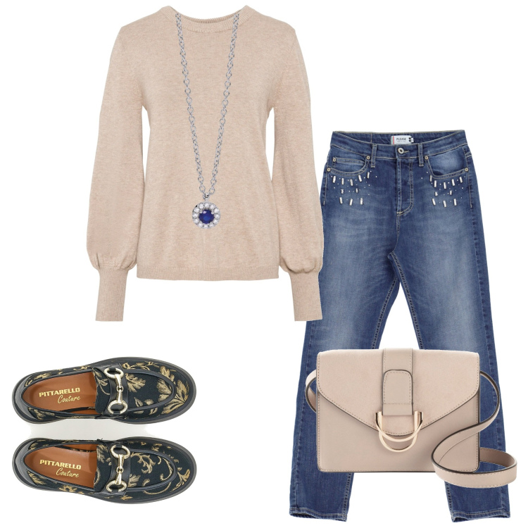 Outfit donna - Mocassini. Stile Casual chic per Tutti i giorni. Abbinamento con maglieria, borse a tracolla, collane, jeans slim fit, mocassini.