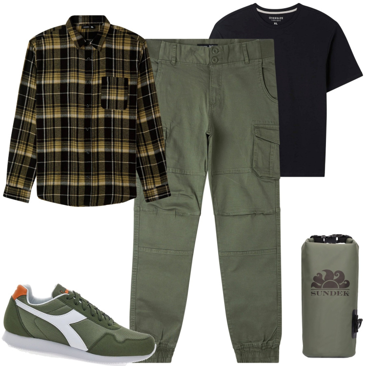 Outfit uomo - Total look #1954141. Stile Casual per Tutti i giorni. Abbinamento con camicie, pantaloni cargo, t-shirt, borse sportive, sneakers.