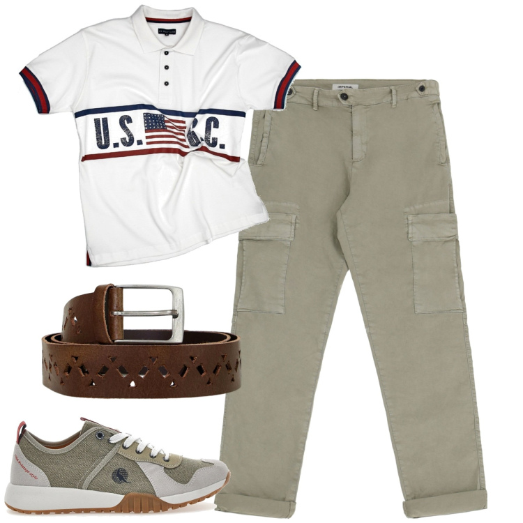 Outfit uomo - Settembre. Stile Casual per Tutti i giorni. Abbinamento con cinture, pantaloni cargo, polo, sneakers.