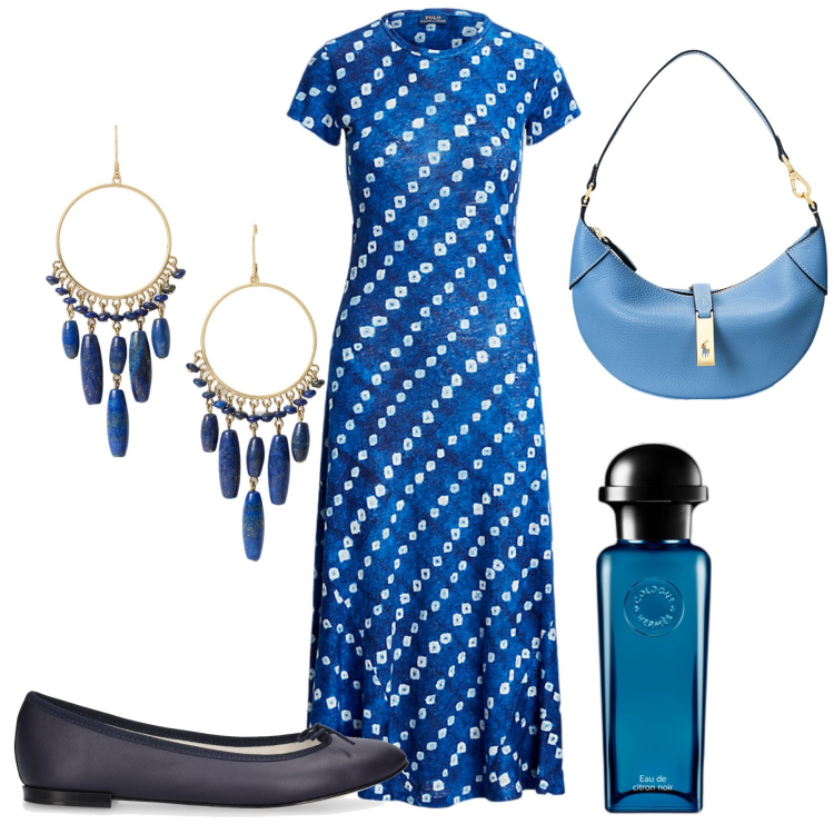 Outfit donna - Blue. Stile Chic per Ufficio. Abbinamento con profumi, vestiti, borse a spalla, orecchini, ballerine.