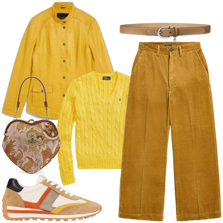 Outfit donna - Giallo. Stile Casual chic per Tutti i giorni. Abbinamento con blazer, maglieria, pantaloni, sneakers, cinture, borse a mano.