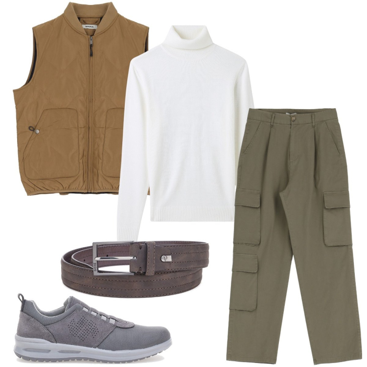 Outfit uomo - Lo smanicato. Stile Casual per Tutti i giorni. Abbinamento con maglieria, pantaloni cargo, gilet, scarpe stringate, cinture.