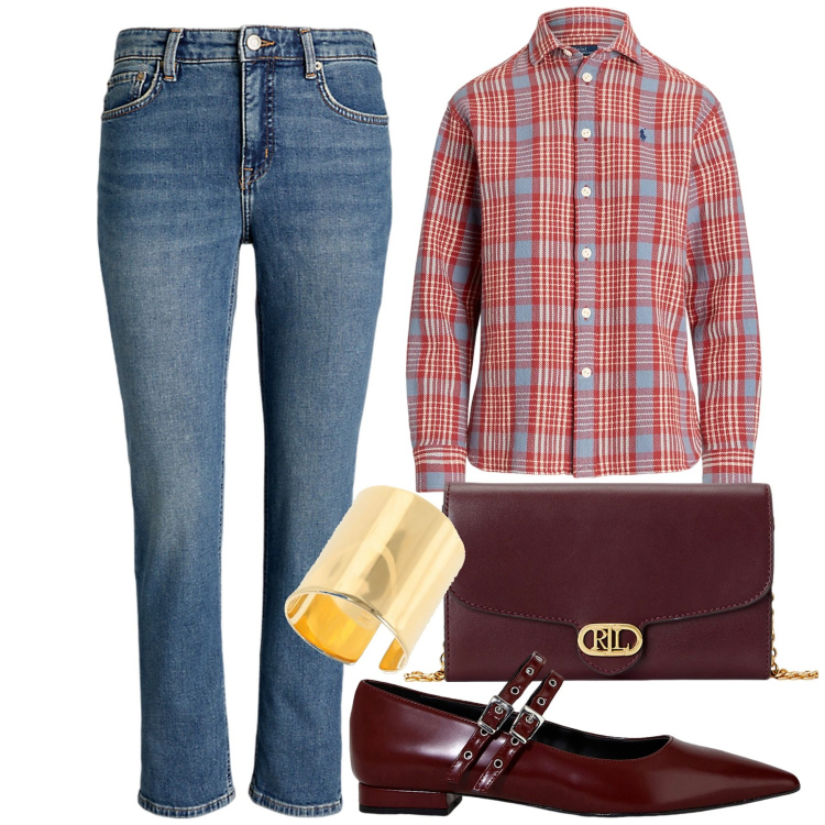 Outfit donna - Total look #1954159. Stile Chic per Tutti i giorni. Abbinamento con ballerine, borse a tracolla, jeans dritti, camicie, anelli.