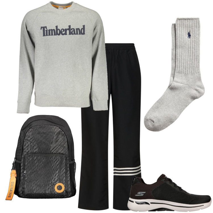 Outfit uomo - Camminata veloce al parco. Stile Casual per Sport. Abbinamento con calzini, sneakers, felpe, borse sportive, pantaloni.