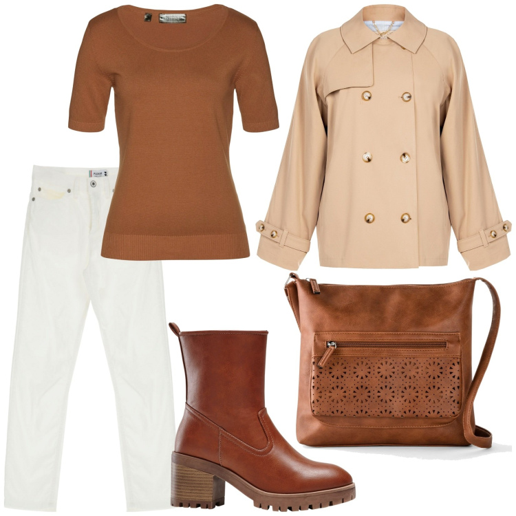 Outfit donna - Total look #1954175. Stile Casual chic per Tutti i giorni. Abbinamento con stivaletti, borse a tracolla, maglieria, trench, jeans.