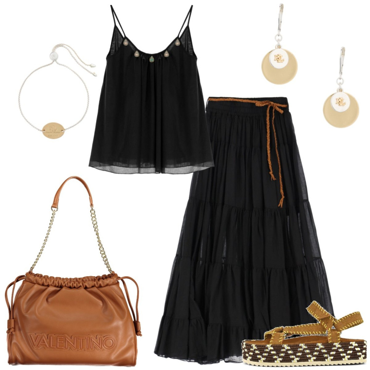 Outfit donna - Total look #1954192. Stile Boho per Tutti i giorni. Abbinamento con gonne lunghe, canottiere, orecchini, braccialetti con ciondoli, sandali, borse a spalla.