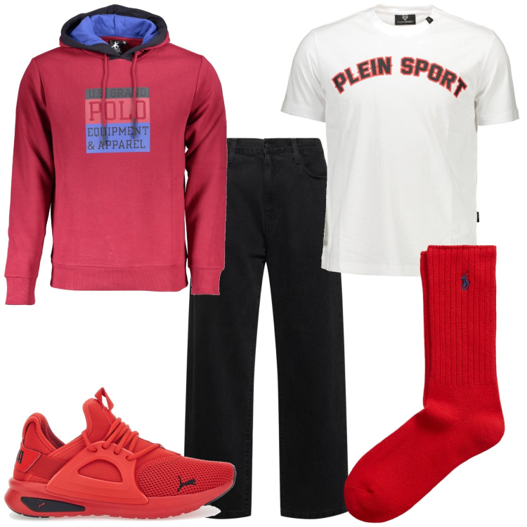 Outfit uomo - Adesso mi sento molto bene. Stile Casual per Tutti i giorni. Abbinamento con calzini, sneakers, felpe con cappuccio, t-shirt, jeans.