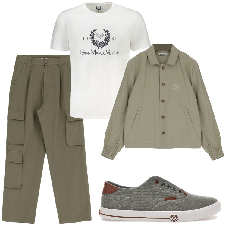 Outfit uomo - Total look #1954199. Stile Casual per Tutti i giorni. Abbinamento con giacche, pantaloni cargo, sneakers, t-shirt.