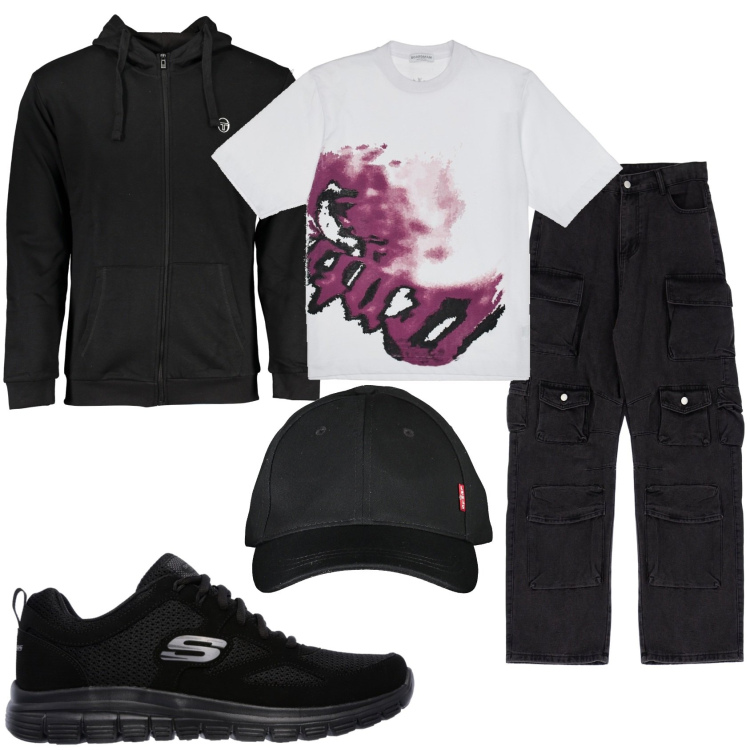Outfit uomo - Casual e comodo. Stile Urban per Tutti i giorni. Abbinamento con pantaloni cargo, t-shirt, sneakers, cappelli con visiera, felpe con cappuccio.