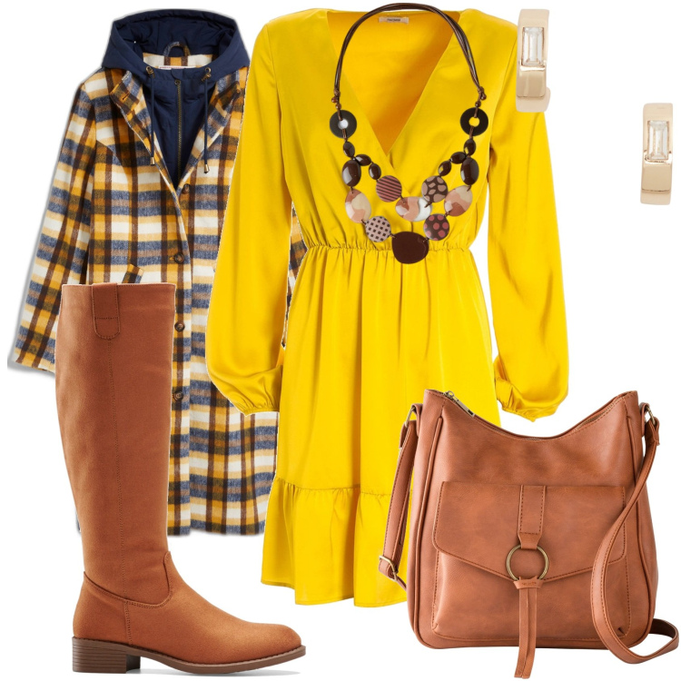 Outfit donna - Vestito giallo con cappotto. Stile Glamour per Tutti i giorni. Abbinamento con stivali, borse a tracolla, cappotti, vestiti, orecchini, collane.