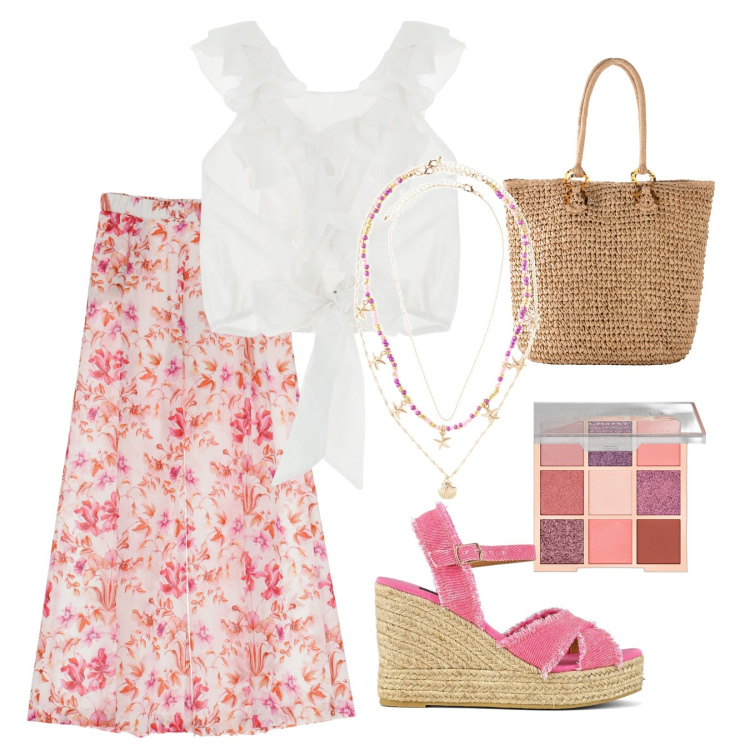 Outfit donna - Rientro in città in stile Boho Chic. Stile Boho per Serata fuori. Abbinamento con shopping bag, ciondoli, ombretti, canottiere, pantaloni a palazzo, sandali col tacco.