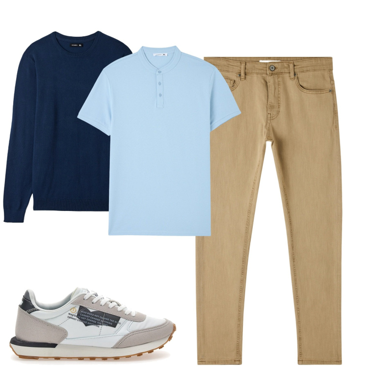 Outfit uomo - Il maglioncino sulle spallle. Stile Urban per Tutti i giorni. Abbinamento con t-shirt, maglieria, pantaloni skinny, sneakers.