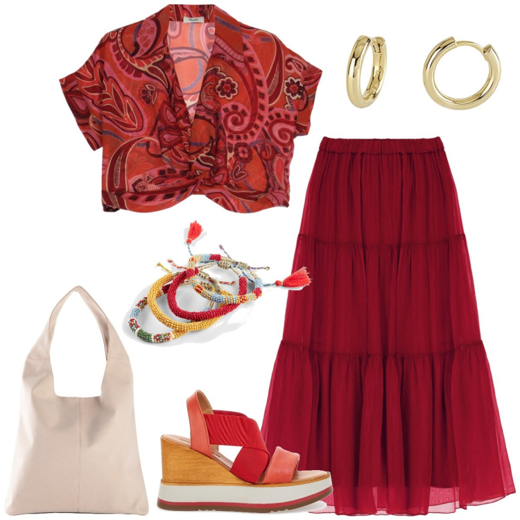 Outfit donna - Total look #1954243. Stile Boho per Tutti i giorni. Abbinamento con shopping bag, braccialetti, orecchini, gonne lunghe, canottiere, sandali.