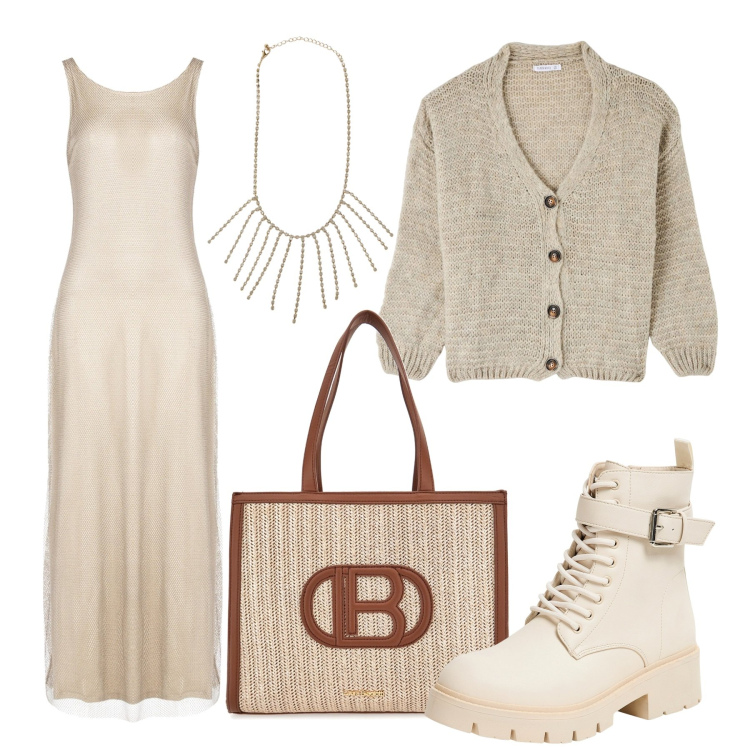 Outfit donna - Chiara e soft. Stile Boho per Tutti i giorni. Abbinamento con collane, cardigans, anfibi, vestiti lunghi, borse a spalla.