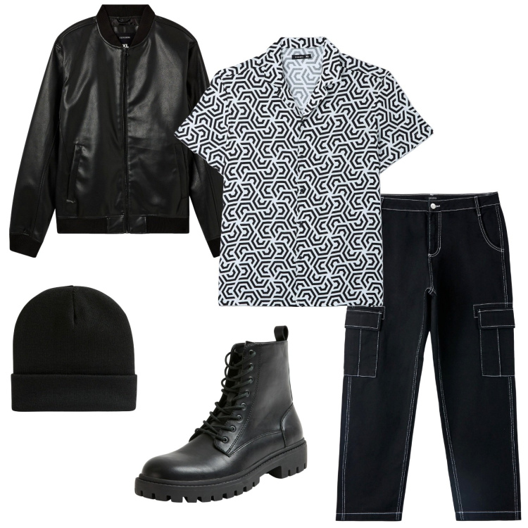 Outfit uomo - Terranova style: la camicia psichedelica. Stile Urban per Tutti i giorni. Abbinamento con berretti, pantaloni cargo, camicie a manica corta, bomber, anfibi.