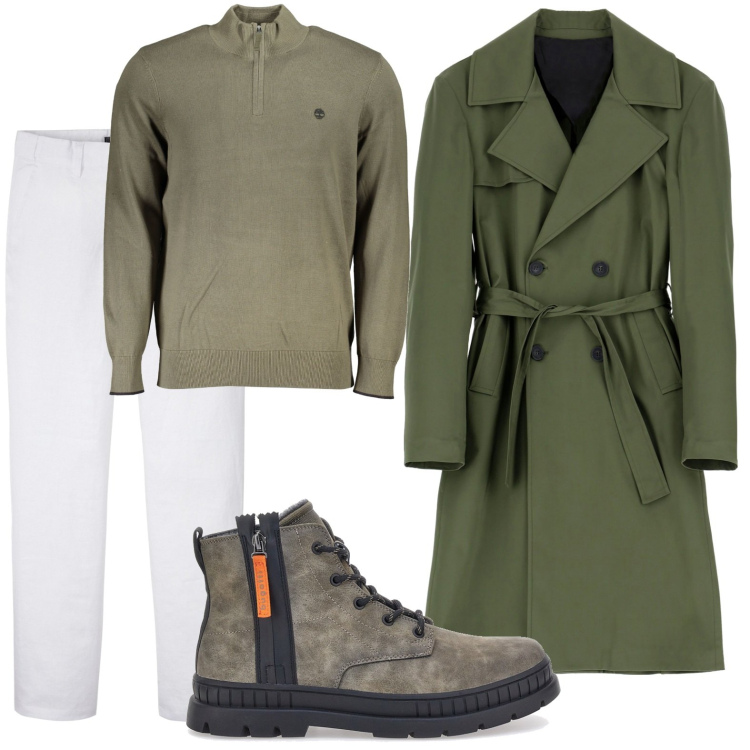 Outfit uomo - Il trench ricercato. Stile Trendy per Ufficio. Abbinamento con pantaloni, cappotti, maglieria, stivali e stivaletti.