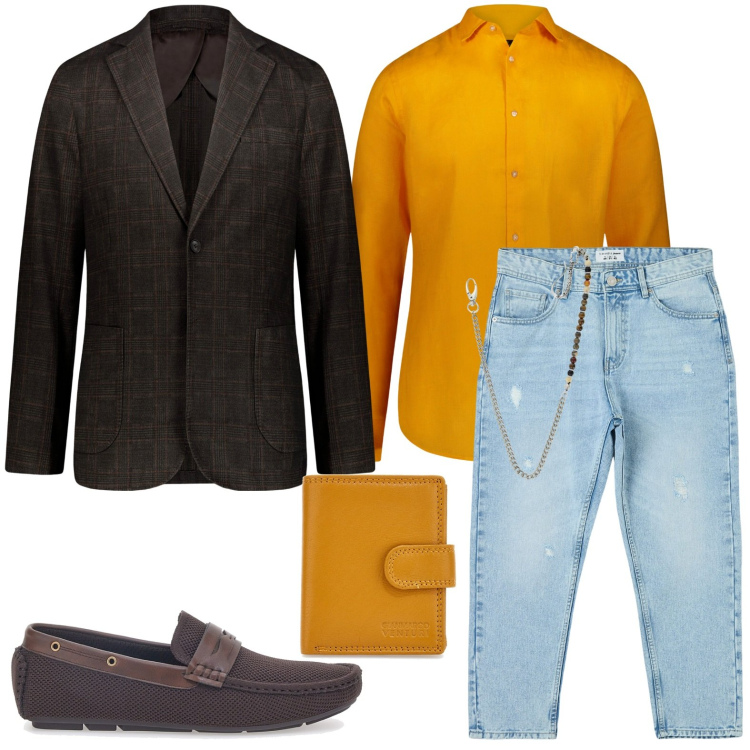 Outfit uomo - Il blazer con i jeans. Stile Trendy per Ufficio. Abbinamento con jeans strappati, collane, giacche, scarpe stringate, camicie, portafogli.
