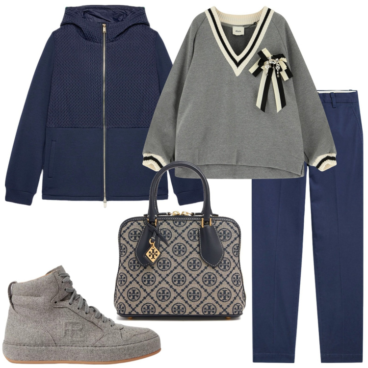 Outfit donna - La borsa grigia Tory Burch. Stile Casual per Scuola/Università. Abbinamento con felpe, pantaloni chino, sneakers, piumini, borse a mano.