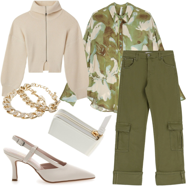 Outfit donna - Esperienza camouflage. Stile Chic per Ufficio. Abbinamento con braccialetti, cardigans, camicie, pantaloni cargo, décolleté, portafogli.