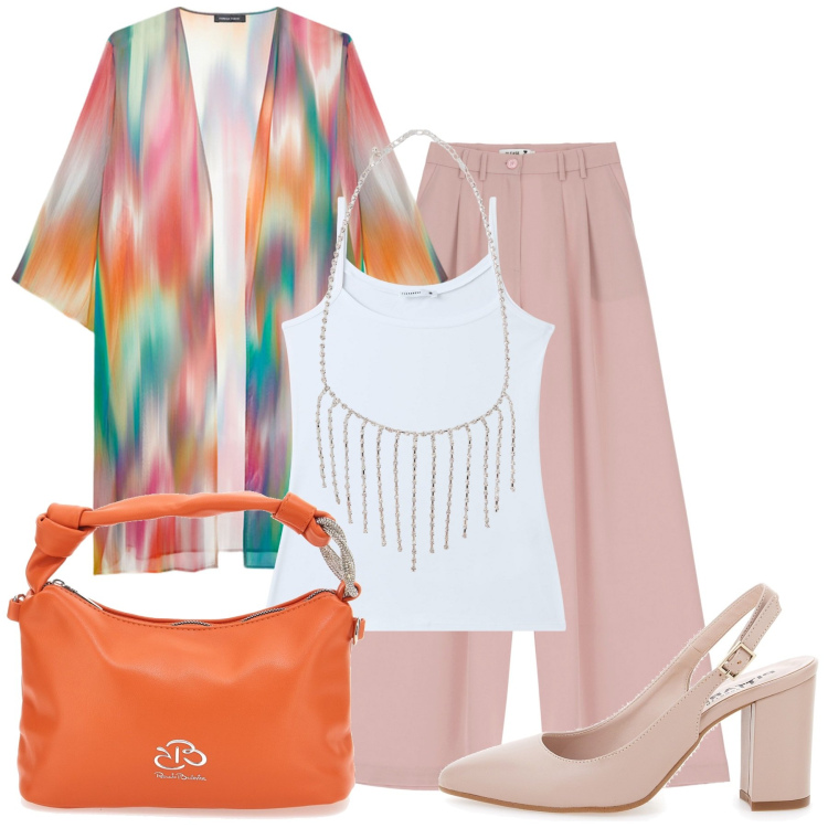 Outfit donna - La curvy che conquista. Stile Glamour per Ufficio. Abbinamento con top, collane, pantaloni a palazzo, décolleté, caftani, borse a mano.