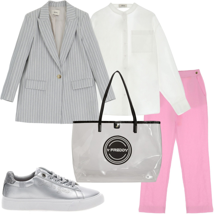 Outfit donna - La giacca gessata. Stile Chic per Ufficio. Abbinamento con shopping bag, blazer, camicie, pantaloni, sneakers.