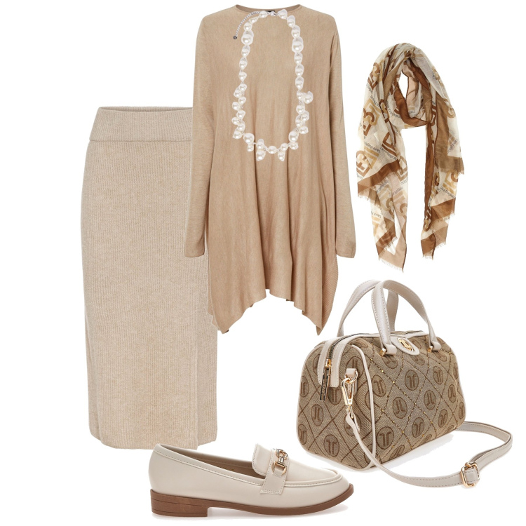 Outfit donna - L’eleganza dei colori neutri. Stile Glamour per Ufficio. Abbinamento con maglieria, gonne, mocassini, collane, borse a mano, sciarpe.