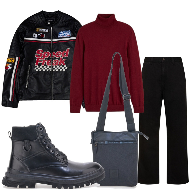 Outfit uomo - In moto. Stile Biker Rock per Tutti i giorni. Abbinamento con maglieria, giacche, portafogli, jeans, anfibi.