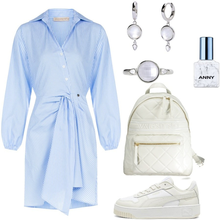 Outfit donna - Passeggiata con le amiche. Stile Casual chic per Tutti i giorni. Abbinamento con smalti, orecchini, anelli, vestiti chemisier, zaini, sneakers.